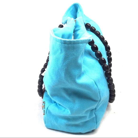 Spiegel 100% Cotton, Sea Shells, Beads and Sequins Embellished Turquoise Bag. - Picture 3 of 10